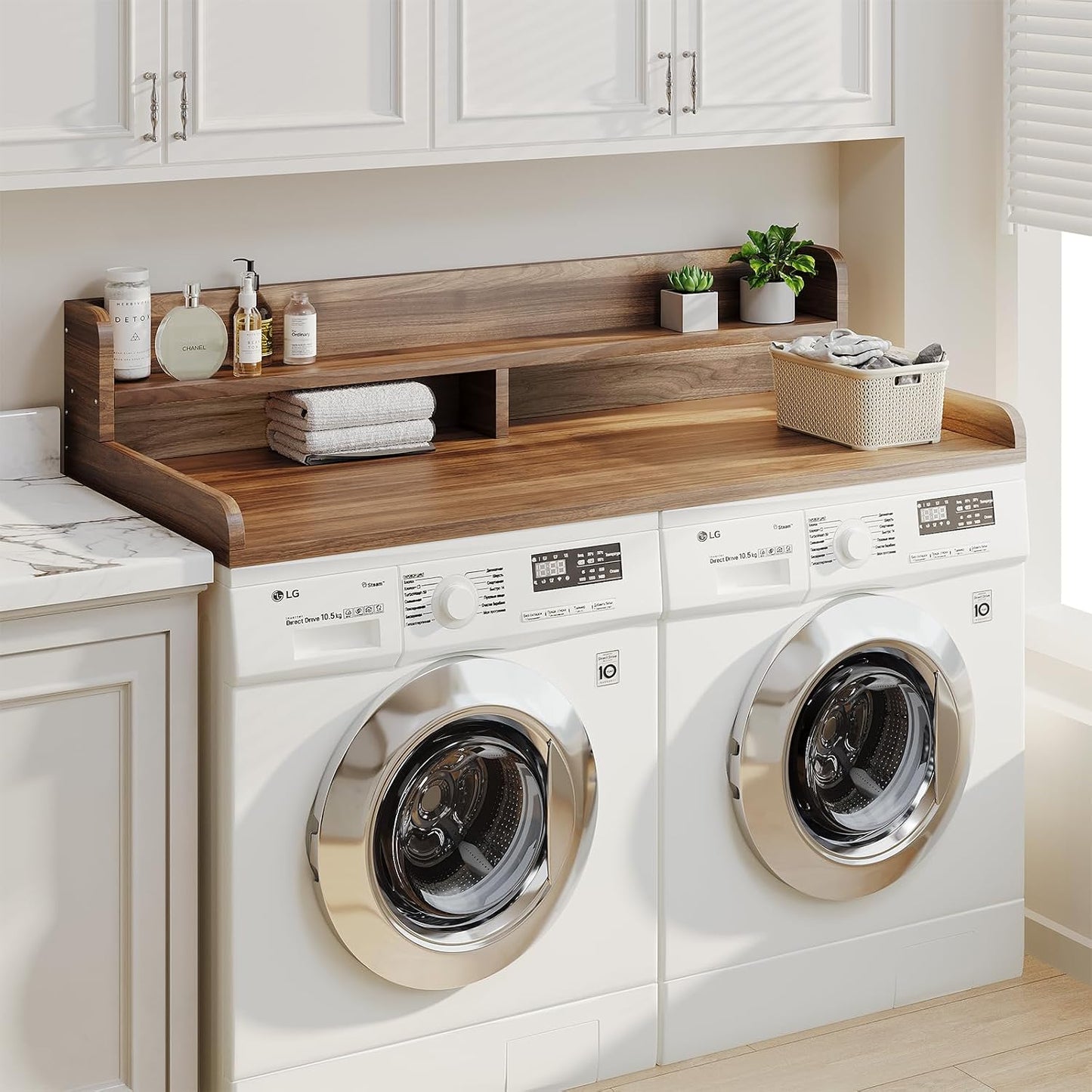2-Tier Washer Dryer Countertop with 2.75" H Edge Rails, 54" W x 27.55" D Laundry Countertop for Folding Clothes, Washer and Dryer Topper with Non-Slip Pad (Dark Walnut)