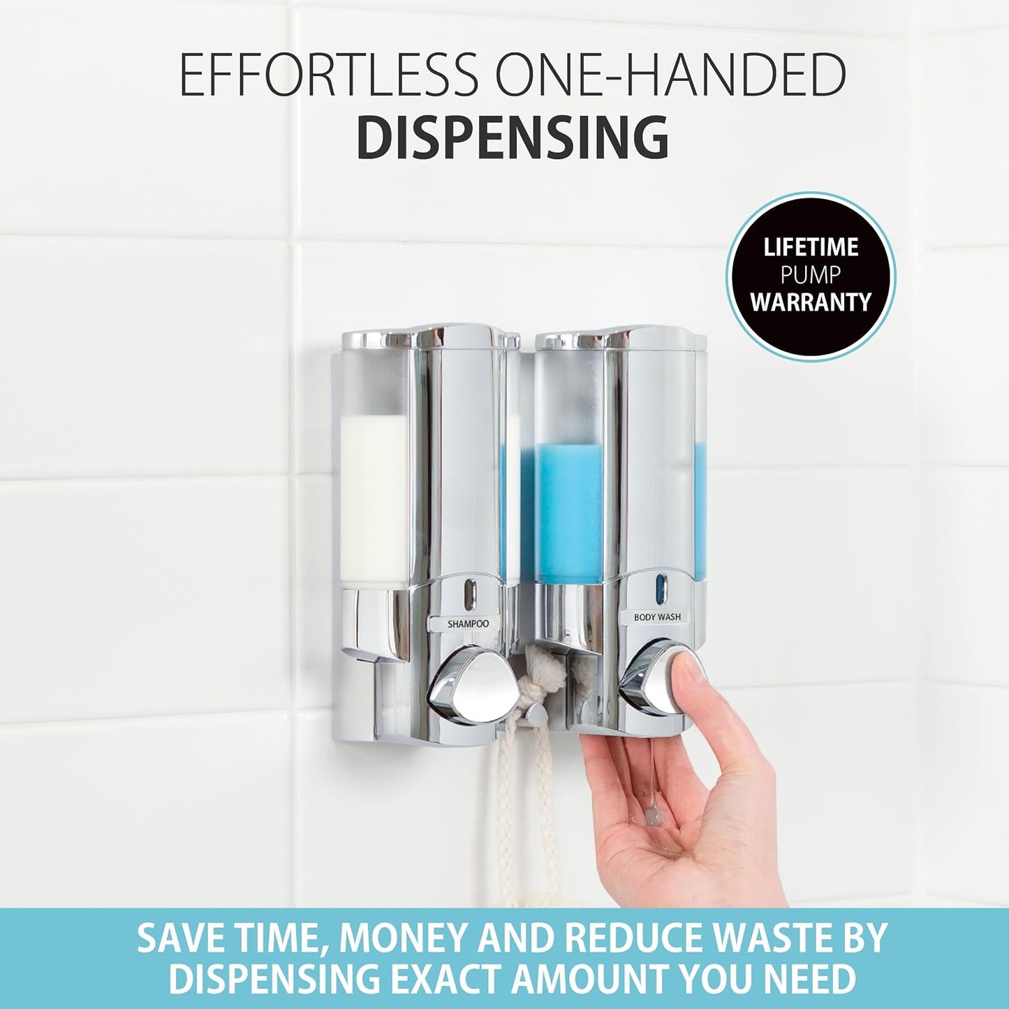 Better Living Aviva Wall Mount Shower Dispenser, 3 x 11 oz, Satin Silver | 3 Chamber, Shower Dispenser for Bathroom, Built-in Hooks, No Drill, Waterproof Dispenser Pump