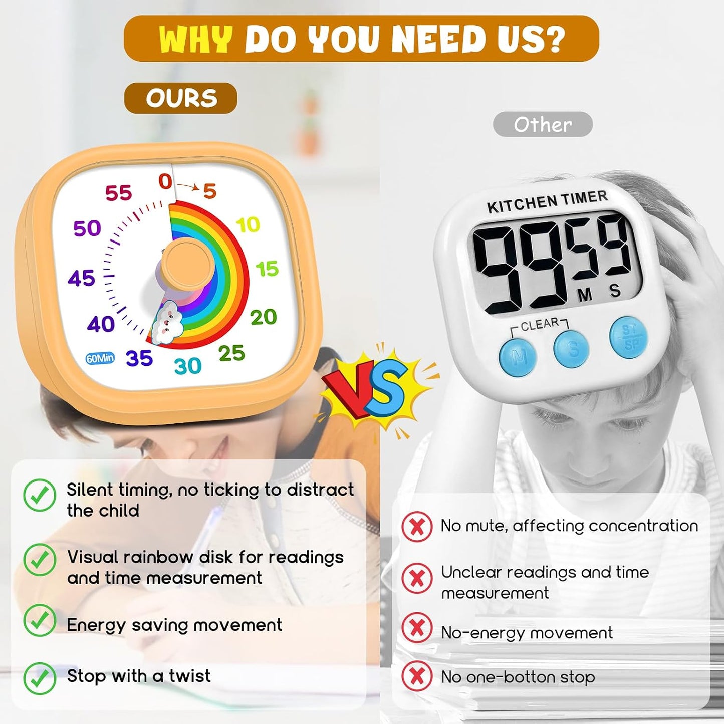 HIPPIH Visual Timer for Kids - 60 Minute Pomodoro Timers for Classroom Kitchen Office, Countdown Kids Timer Clock with Rainbow Disk, Desk Time Management Tool for Toddler with Silent Operation, Blue
