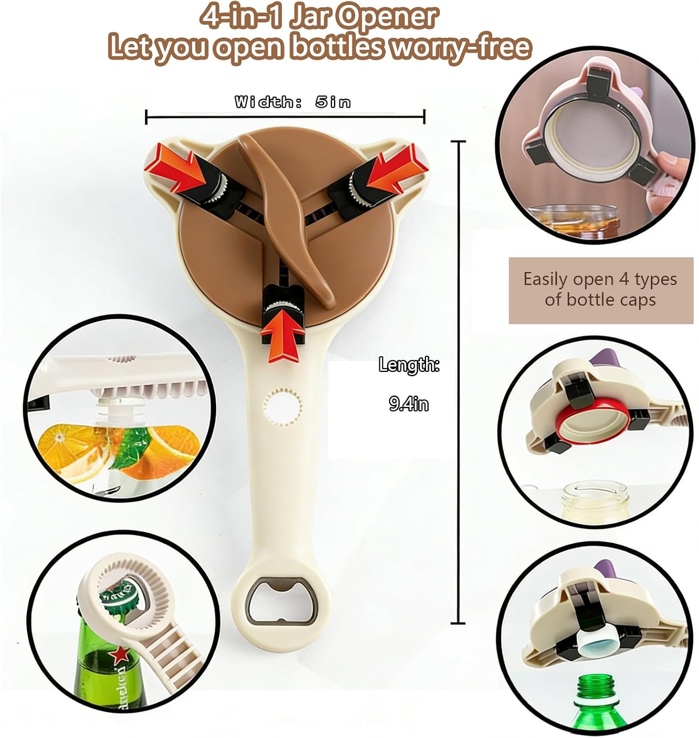 New Jar Opener for Seniors, 4-in-1 Can Openers for Weak Hands & Arthritis Sufferers with Non Slip Teeth, Ergonomic Non-Slip Handle, Fits 1-3.5 Inch Kitchen Mason Jars, Bottle & Cans
