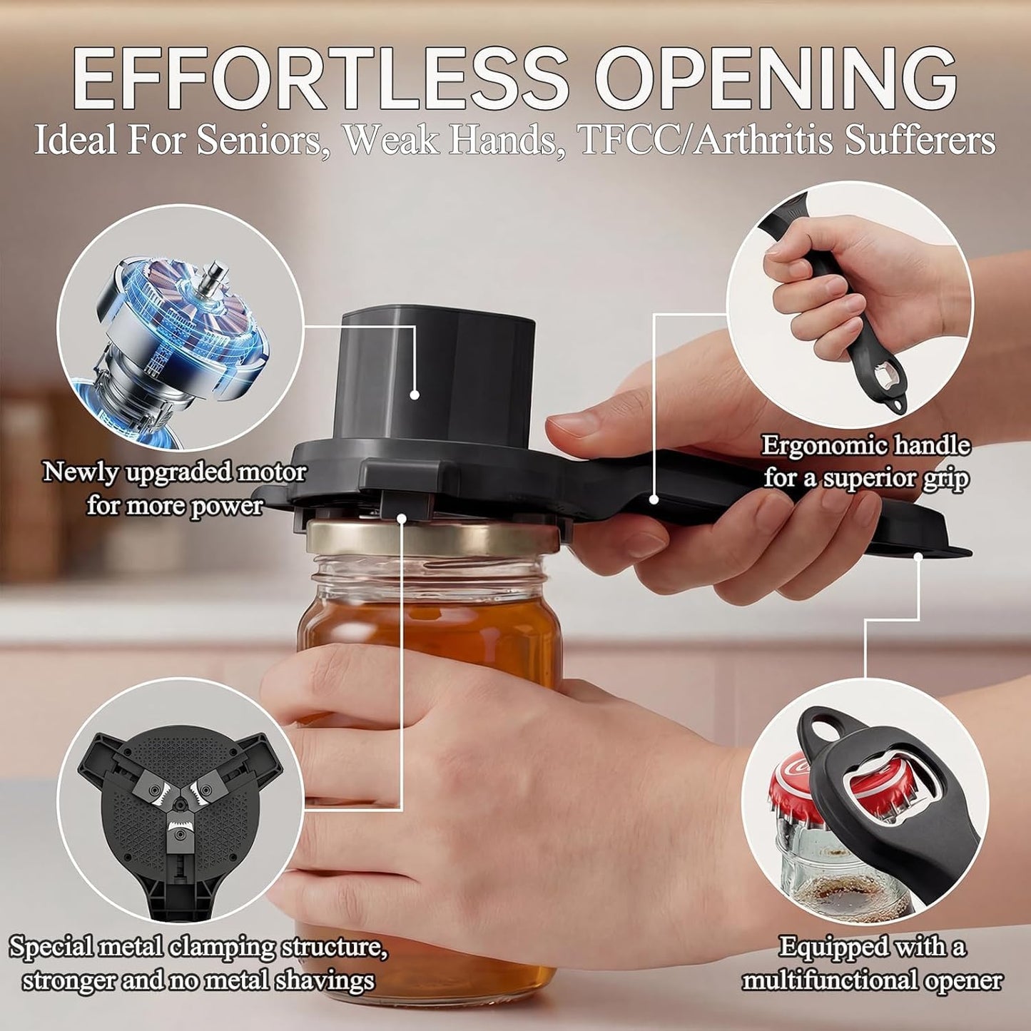 Electric Jar Opener for Seniors with Arthritis, TFCC & Weak Hands Black | Patented Power-Grip Auto-Tighten Manual Lid Opener, Rechargeable 2-in-1 Jar & Bottle Opener with Storage Hook & Non-Slip Pad
