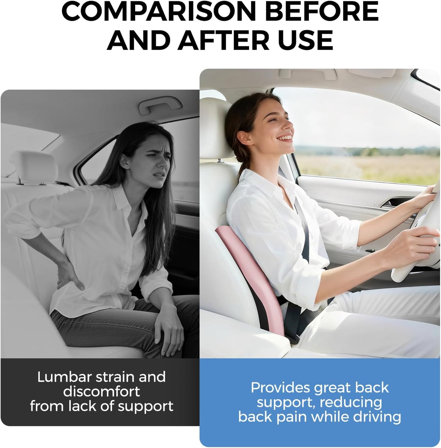 BEBAS Ergonomic Lumbar Support Pillow for Car, Memory Foam Car Back Cushion | Comfort Lumbar Pillow for Back Pain Relief, Breathable Washable Cover, Fits for Driving, Office, Wheelchair, Black