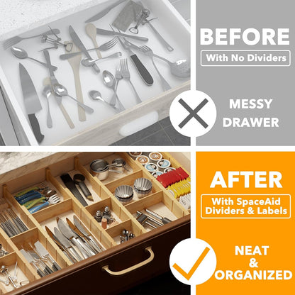 SpaceAid Bamboo Drawer Dividers with Inserts and Labels, Kitchen Adjustable Drawer Organizers, Expandable Organization for Home, Office, Dressers, 4 Dividers with 9 Inserts (17"-22" Natural)
