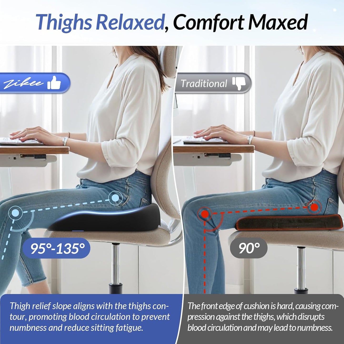 ZIKEE Ergonomic Seat Cushion with Thigh Slope for Long Sitting Comfort | Memory Foam Office Chair Cushion for Car, Home, U-Shaped Design Relieves Hip, Tailbone Pain, Sciatica Pain Relief, Non-Slip