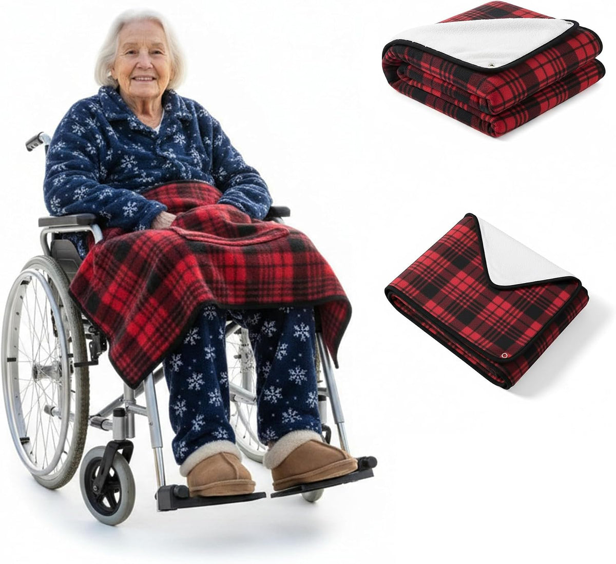 Wheelchair Lap Blanket for Seniors, 43" * 28" Soft Sherpa Lined Knee & Lap Cover, Warm Lightweight Throw with Snap Buttons, Cozy Comfort for Elderly & Caregivers, Wine Red