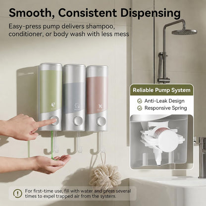 Shampoo and Conditioner Dispenser Wall Mounted with Hooks, 3-Chamber 1200ML Shower Soap Dispenser, No-Drill Bathroom Shower Organizer for Shampoo, Conditioner, Body Wash（Gun Grey）