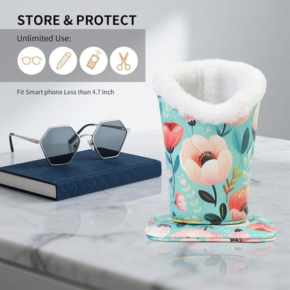Plush Lined Eyeglasses Holder, Cute Magnetic PU Leather Glasses Stand Case for Women Men Kids