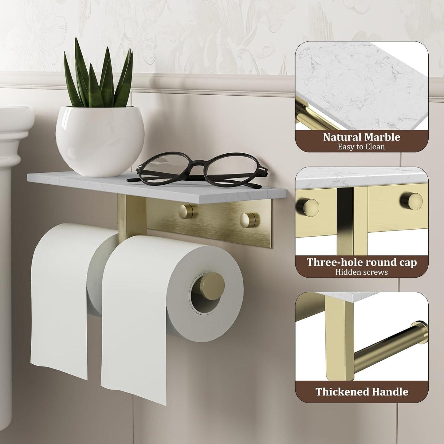 BWE Brushed Gold Toilet Paper Holder with Marble Shelf Wall Mounted | Toilet Paper Roll Holder with Phone Shelf 304 Stainless Steel Tissue Holder for Bathroom Washroom,Saving Space