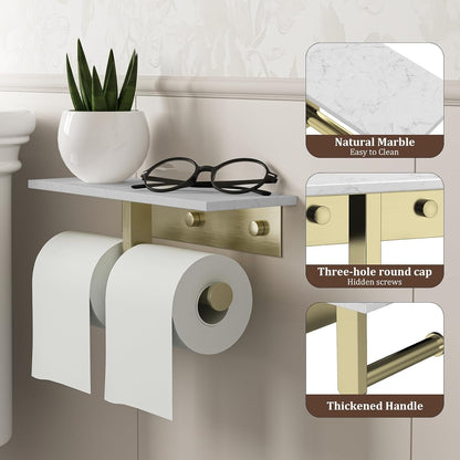 BWE Brushed Gold Toilet Paper Holder with Marble Shelf Wall Mounted | Toilet Paper Roll Holder with Phone Shelf 304 Stainless Steel Tissue Holder for Bathroom Washroom,Saving Space