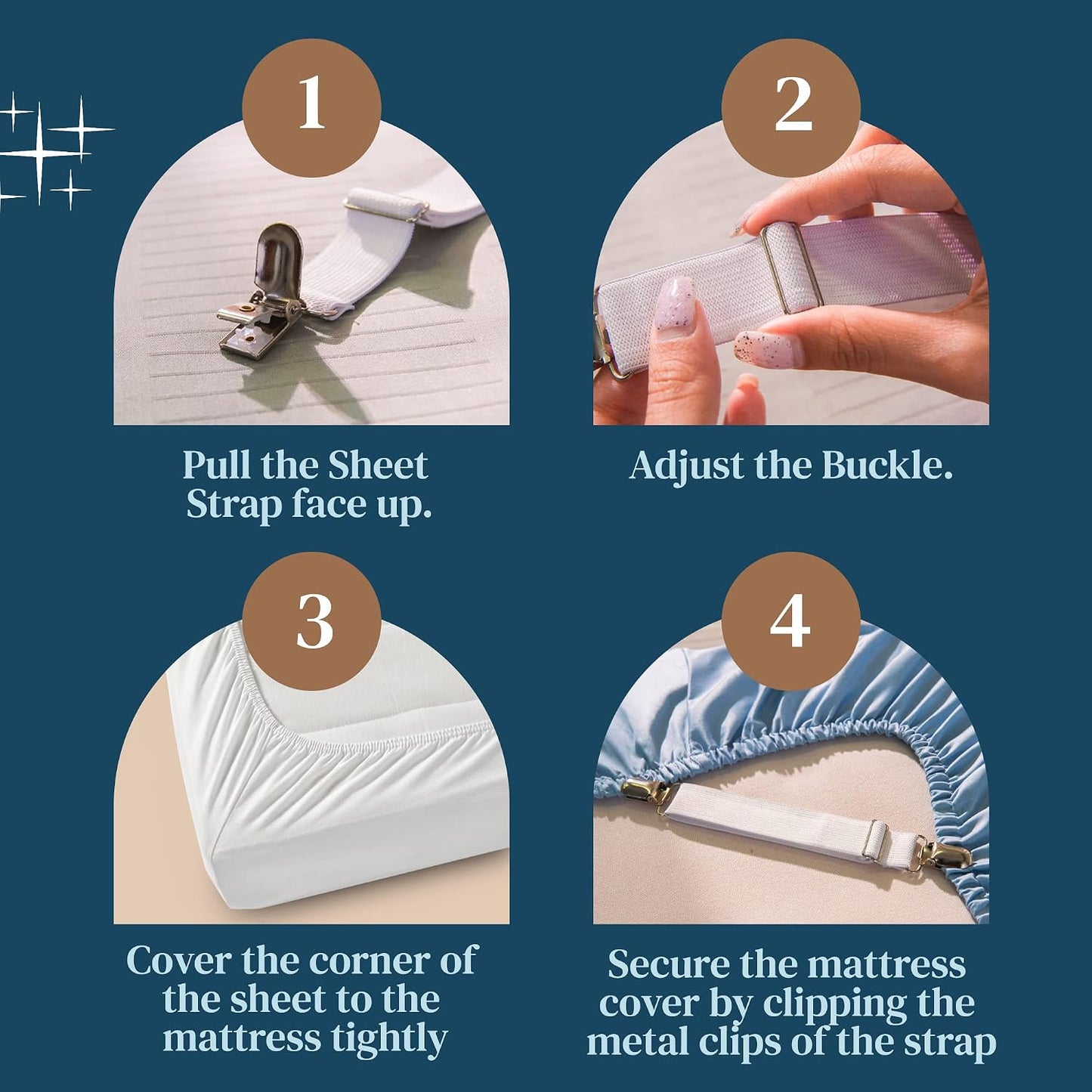 FeelAtHome Adjustable Bed Sheet Clips & Corner Fasteners, 4 Pack, White | Heavy Duty Elastic Straps Keep Fitted Sheets Securely in Place. Ideal Corner Holders for Twin, Queen, King, RV & Bunk Beds