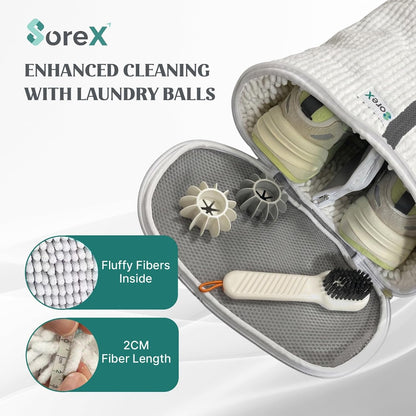 Shoe Washing Machine Bag with Zippered Pocket | Durable Mesh Sneaker Laundry Bag with 2 Laundry Balls & Shoe Washing Brush, Heavy Duty Zipper, No Color Transfer (White)