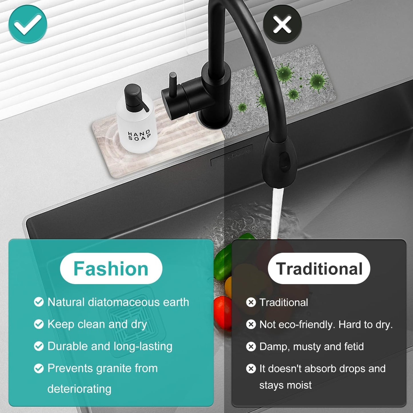 Fast Dry Stone Faucet Mat for Bathroom Sink Kitchen Counter Marble Trays | Small Diatomite Sink Splash Guard White Absorbent Tray Counter Quick Drying Stone Kitchen Diatomaceous Earth Around Faucet