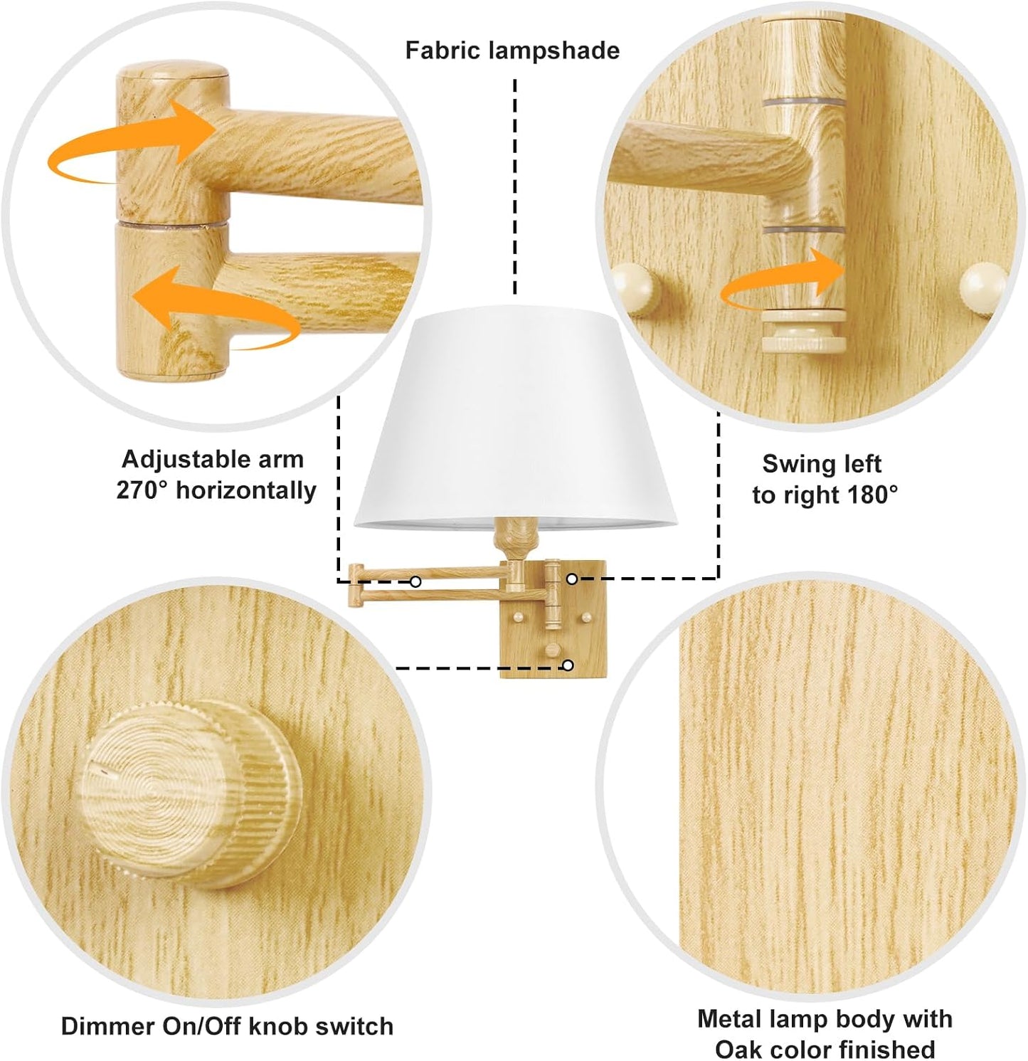 TRLIFE Wall Sconce Plug in, Dimmable Wall Sconces Set of Two Swing Arm Wall Lights with Plug in Cord and On/Off Dimmer Rotary Switch, 9.4" Medium Beige Fabric Shade(2 Pack, 2 Bulbs)