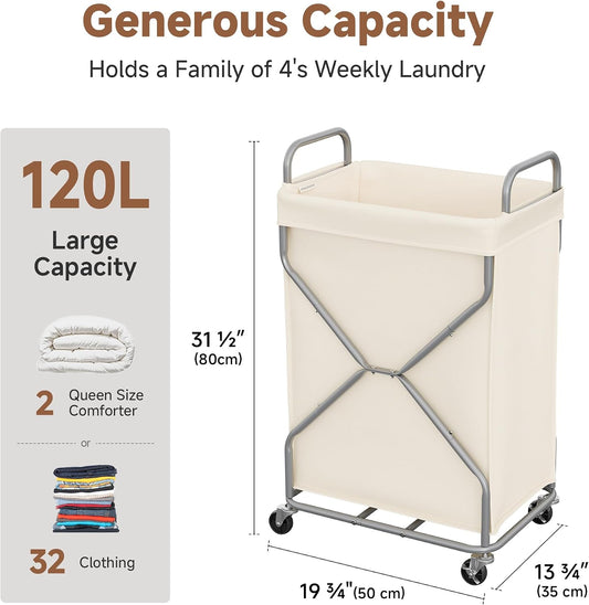 StorageWorks 2 Section Laundry Sorter with Wheels, 160L Beige Hamper Basket | Beige Divided Hamper, Rolling Organizer for Bedroom, Bathroom, College, Apartment