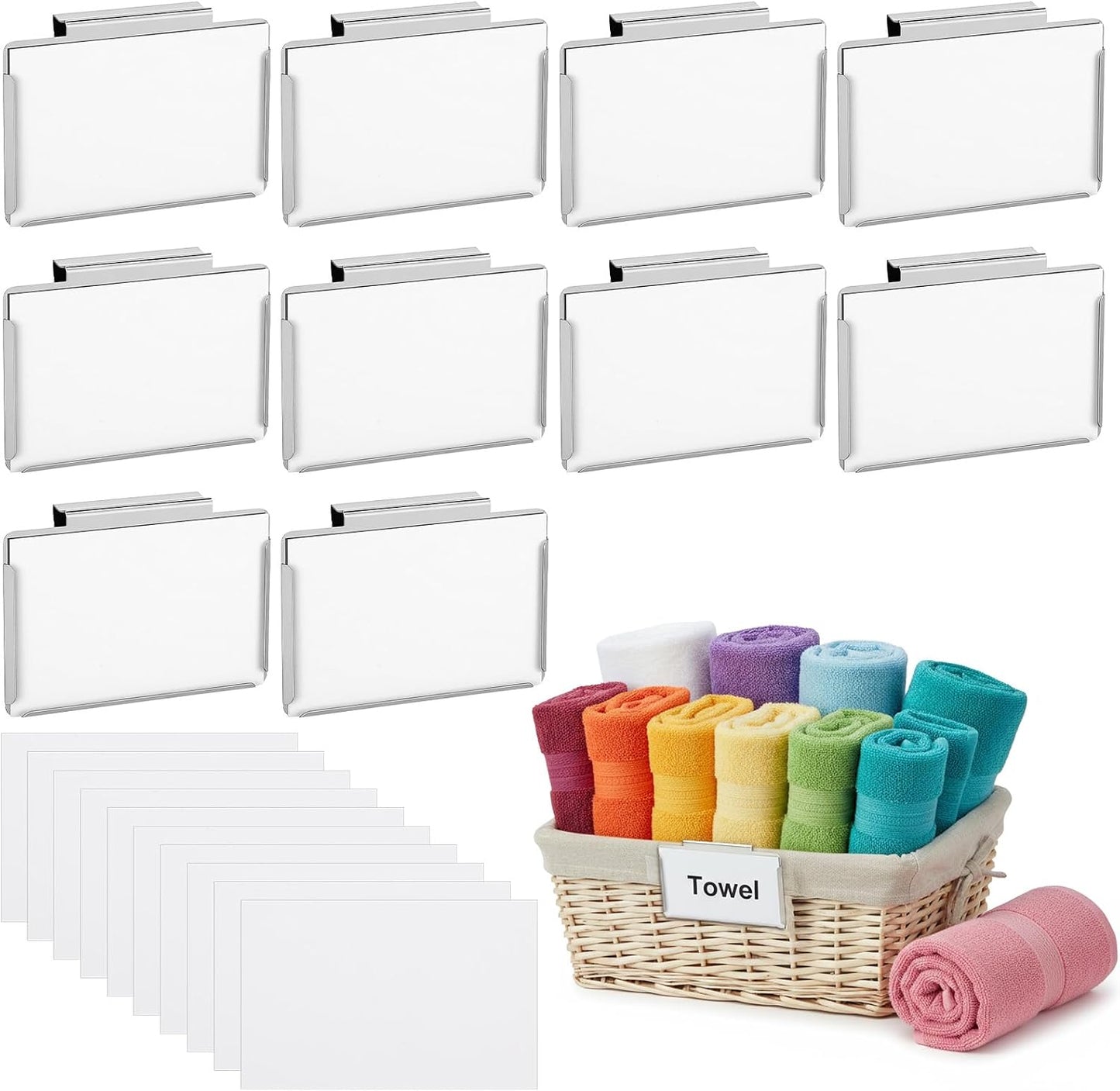 10 Pack Metal Basket Bin Label Clips, 3.54 x 2.36 Inch Silver Removable Label Holders with White Papers for Pantry Kitchen Organization and Storage Bin Classification