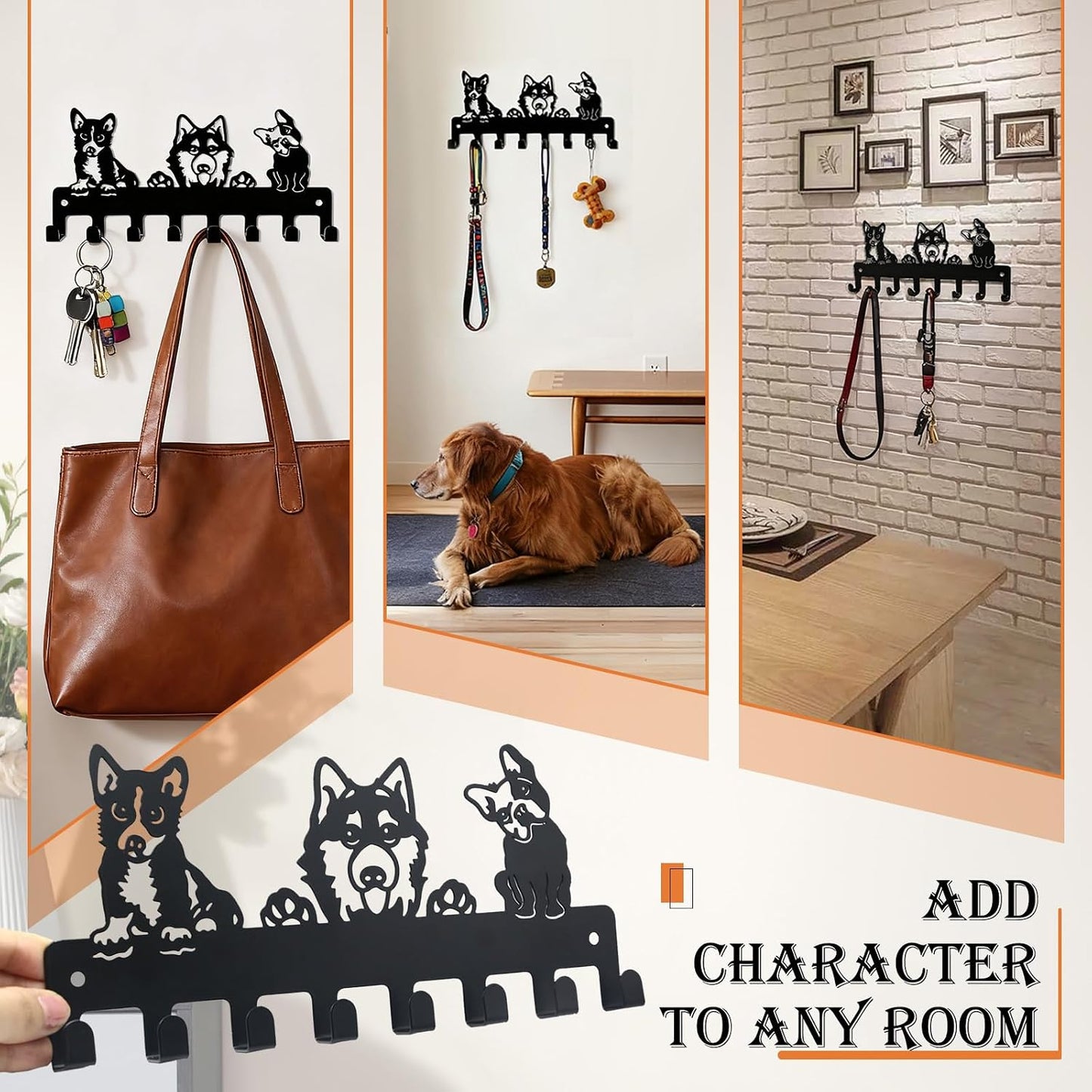 Dog Leash Holder for Wall, Key Holder Mount with 5 Metal Hooks, Pet Leash and Key Organizer, Screw Mounted Rack for Leashes Keys Collars, Entryway Garage Mudroom