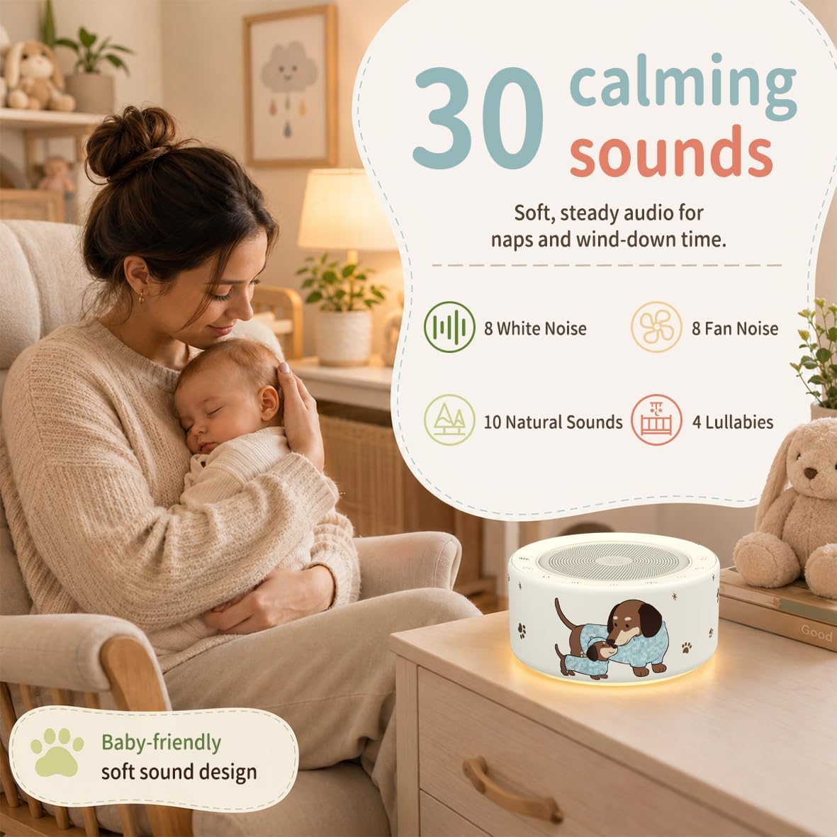 Kipcush White Noise Machine for Baby & Adults, 30 Soothing Sounds, Sleep Sound Machine with 8 Color Night Light, Memory Function, White Noise for Sleeping, Nursery, Office, Travel & Relaxation