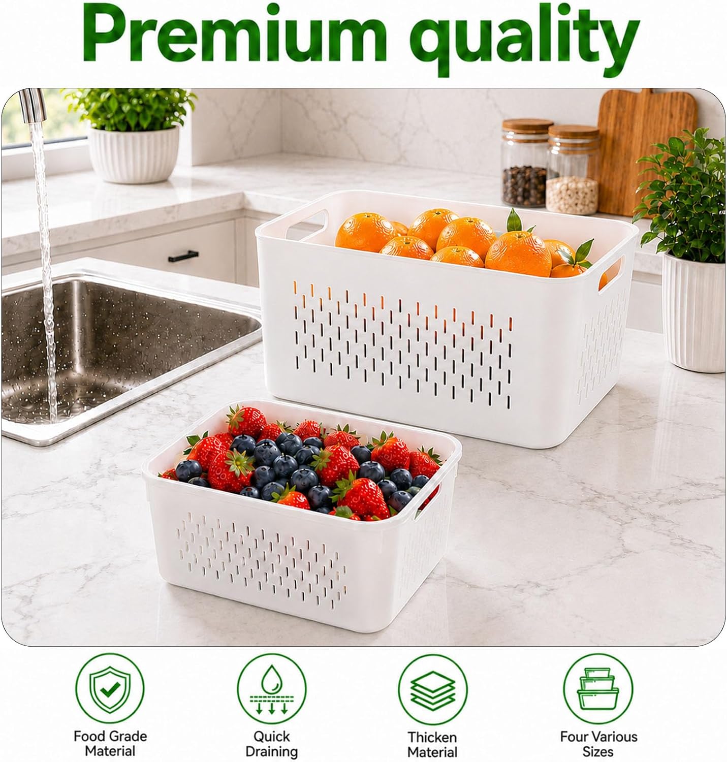 UFORU 4 Pack Fruit Storage Containers, Airtight Produce Saver for Fridge | Airtight refrigerator storage containers with removable colander and stackable design for berries, fruits and vegetables