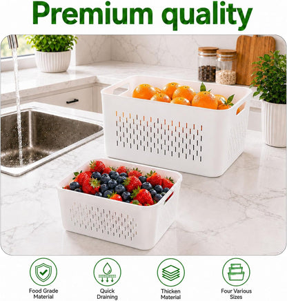 UFORU 4 Pack Fruit Storage Containers, Airtight Produce Saver for Fridge | Airtight refrigerator storage containers with removable colander and stackable design for berries, fruits and vegetables