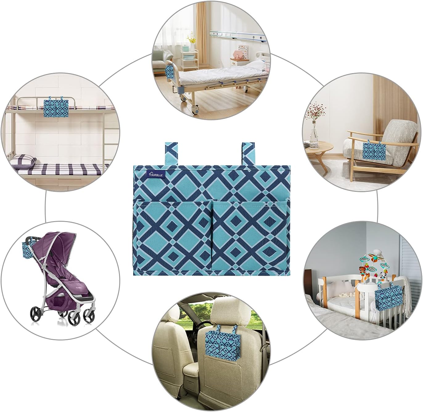 Surblue Bedside Caddy Hanging Organizer Storage Bag Pocket for Bunk, Hospital, College Dorm Rooms, Baby Bed Rails, Camp - 4 Pockets, 2 Hooks (Blue)