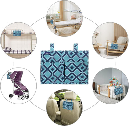 Surblue Bedside Caddy Hanging Organizer Storage Bag Pocket for Bunk, Hospital, College Dorm Rooms, Baby Bed Rails, Camp - 4 Pockets, 2 Hooks (Blue)