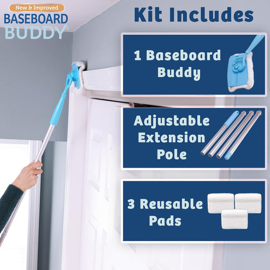 Baseboard Buddy | Lightweight Home Cleaning Essential, Perfect for Baseboards, Moldings & Walls, Glide & Wipe Trapping & Locking Dirt & Dust | As Seen on TV, (1 Baseboard Buddy & 3 Reusable Pads)