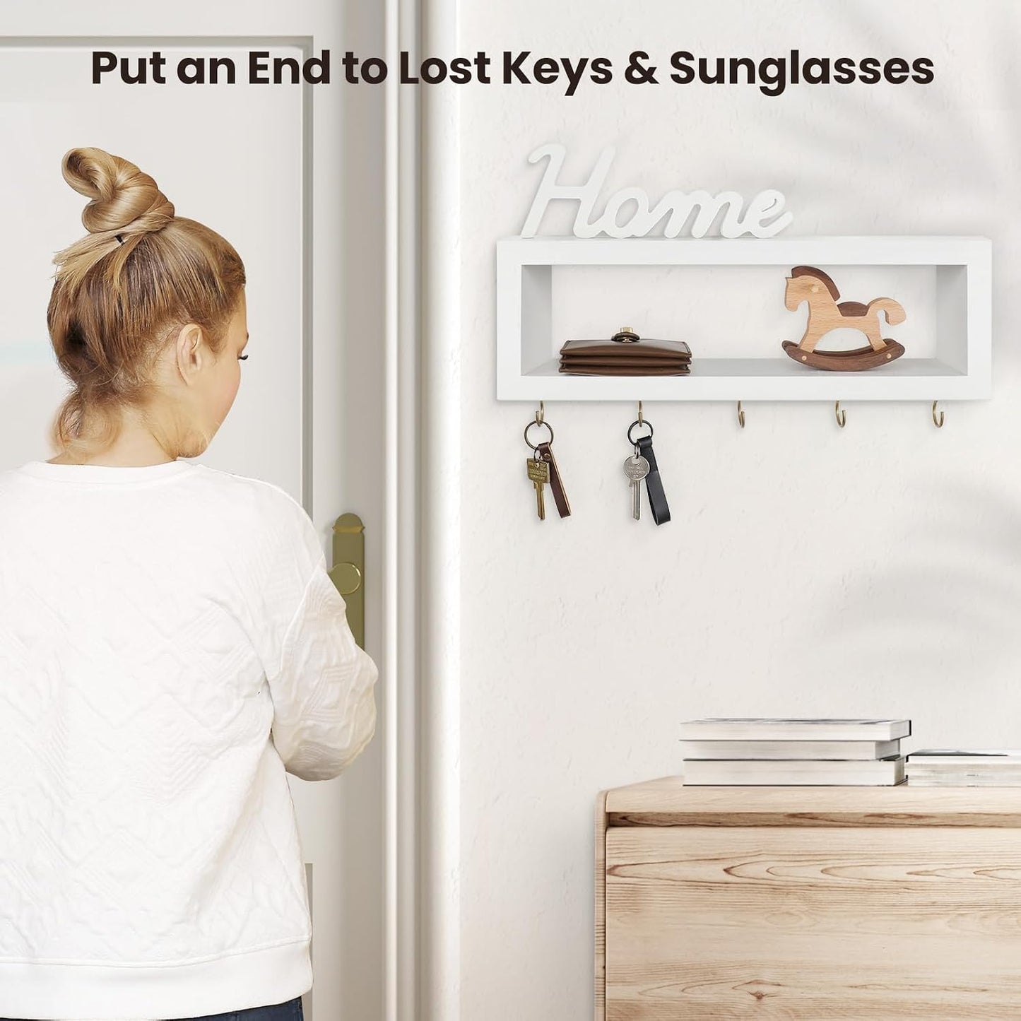 Lwenki Wall Shelf with Hooks - Decorative Key and Wallet Holder for Wall Holds Sunglasses, Leashes, Scarves and Lanyards - 15.7" x 5.1" x 2.9" Entryway Organizer Made of Paulownia Wood (White)