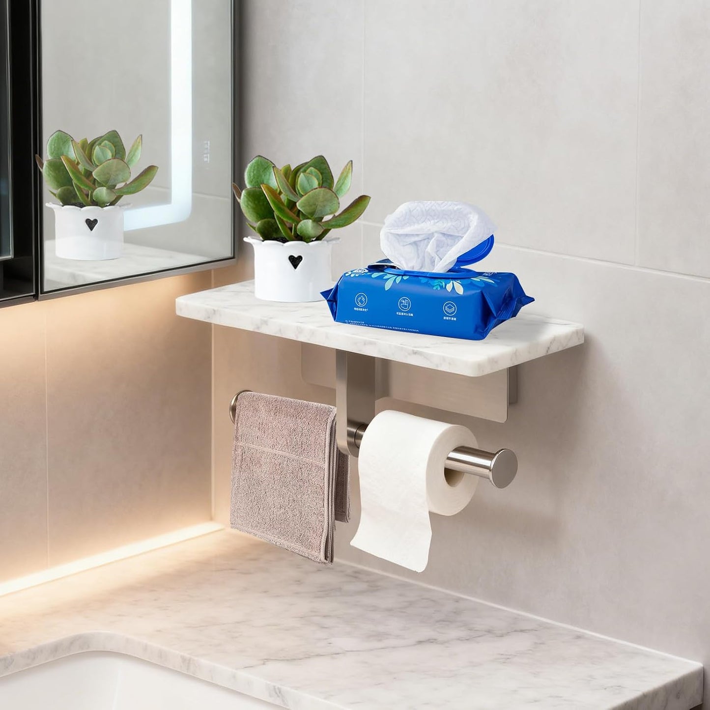 Toilet Paper Holder with Natural Marble Shelf for Bathroom Washroom,Wall Mounted Tissue Holder Suitable for Mega Roll (Brushed Nickel,Small 6.7 * 4.3 in)
