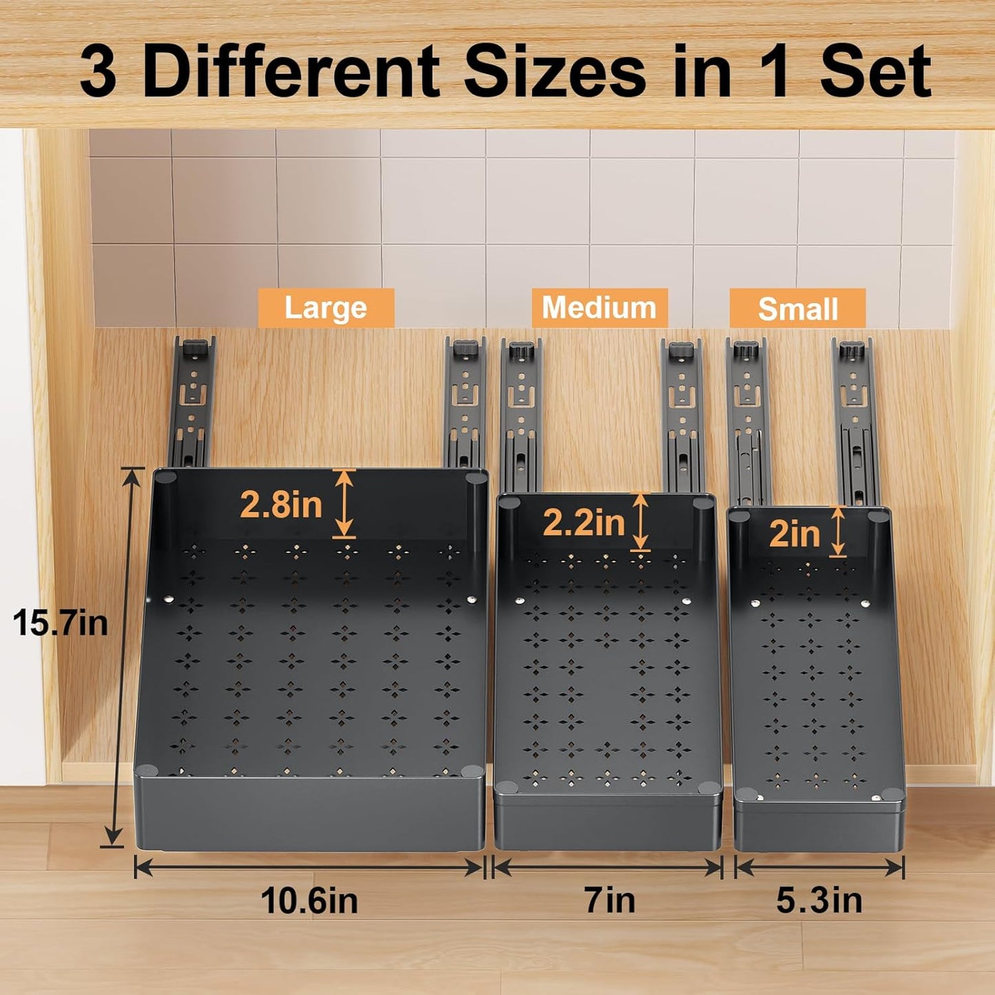 Delamu 3 Pack Pull Out Cabinet Organizer, 15.7"Deep Pull Out Drawers for Cabinets, Slide Out Drawers for Kitchen Cabinets, Bathroom Cabinet Organizer, Pantry (White)