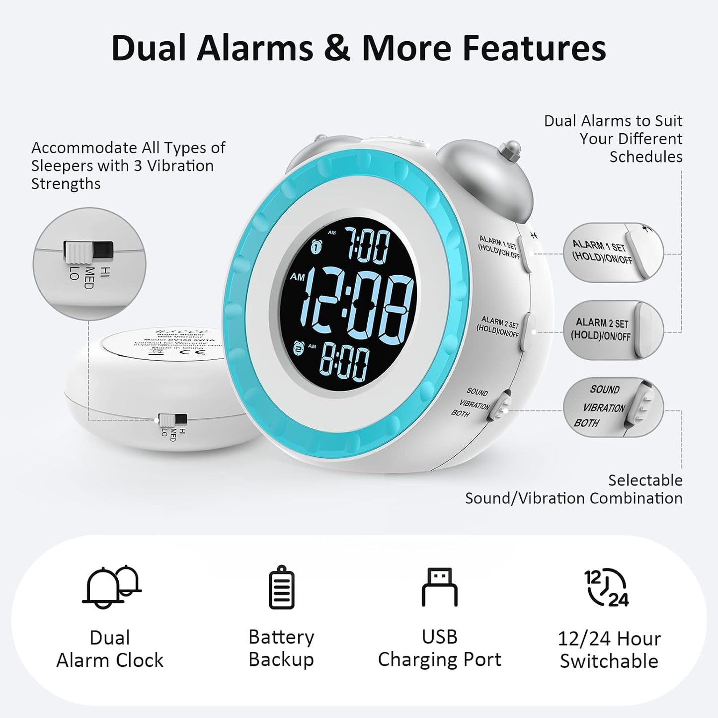 uscce Loud Dual Alarm Clock with Powerful Adjustable Bed Shaker | Vibrating Alarm Clock for Heavy Sleepers or Hearing Impaired - Easy to Set Alarm Clock with 0-100% Dimmer & Battery Backup