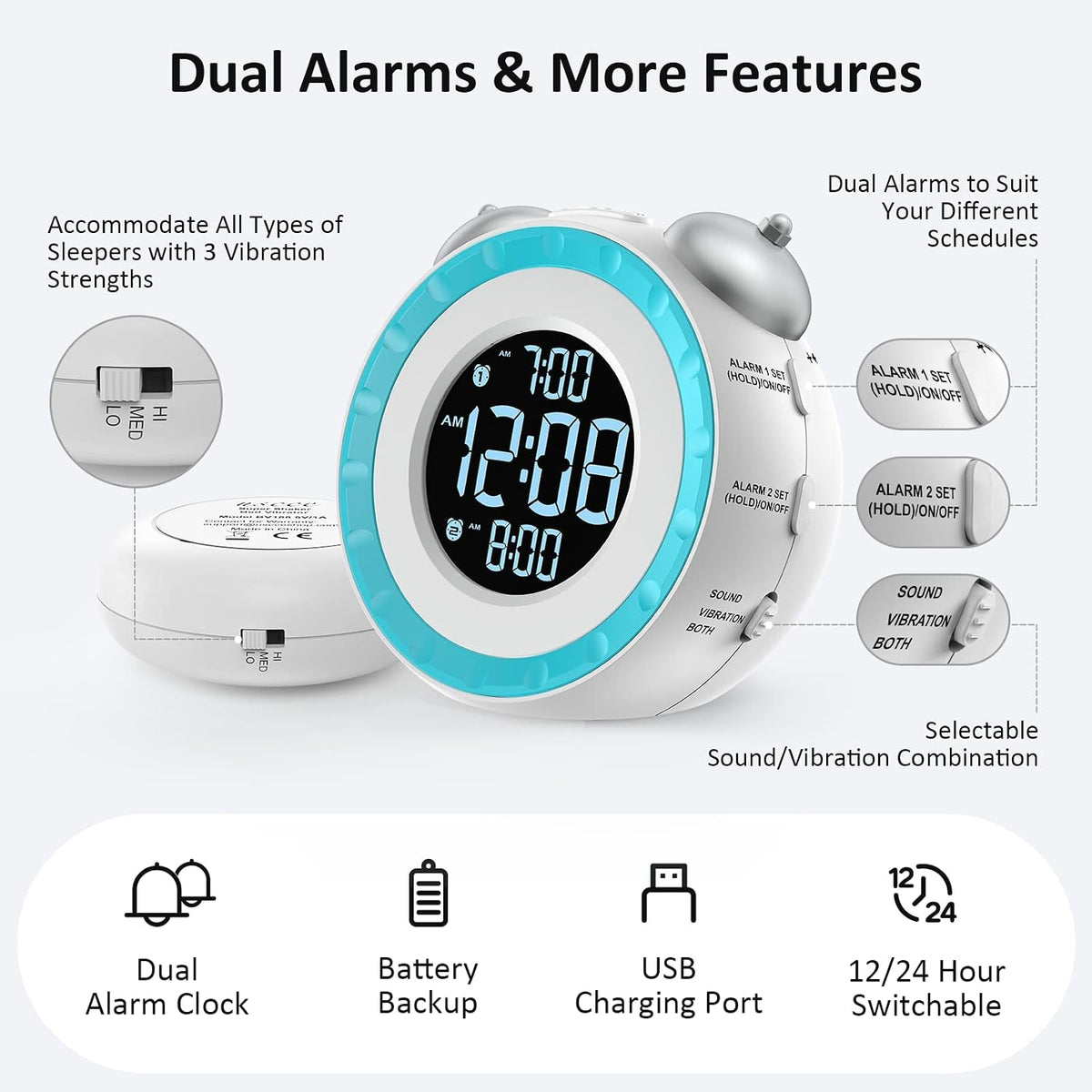 uscce Loud Dual Alarm Clock with Powerful Adjustable Bed Shaker