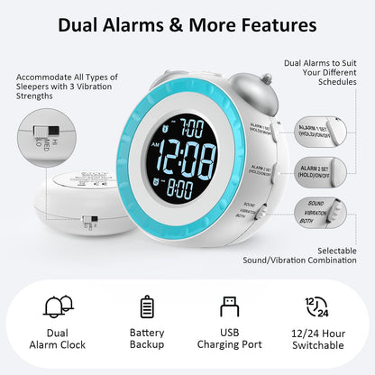 uscce Loud Dual Alarm Clock with Powerful Adjustable Bed Shaker