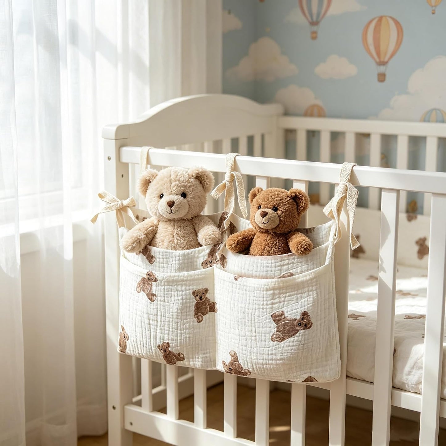 Bedside hanging bag for storing baby milk bottles and blankets - Baby diaper folding bed organizer bag - Brown