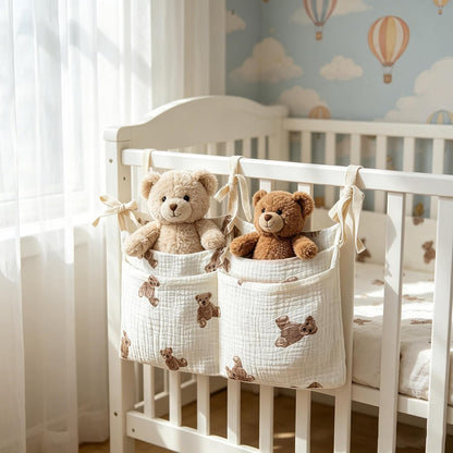 Bedside hanging bag for storing baby milk bottles and blankets - Baby diaper folding bed organizer bag - Brown