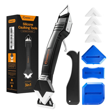 Sakerplus 3-in-1 Silicone Caulking Tools,Caulk Remover Tool and Caulk Finishing Tool Kit with Silicone Smoother,Nozzle Needle for Kitchen Bathroom Window Sink (Classic Black)