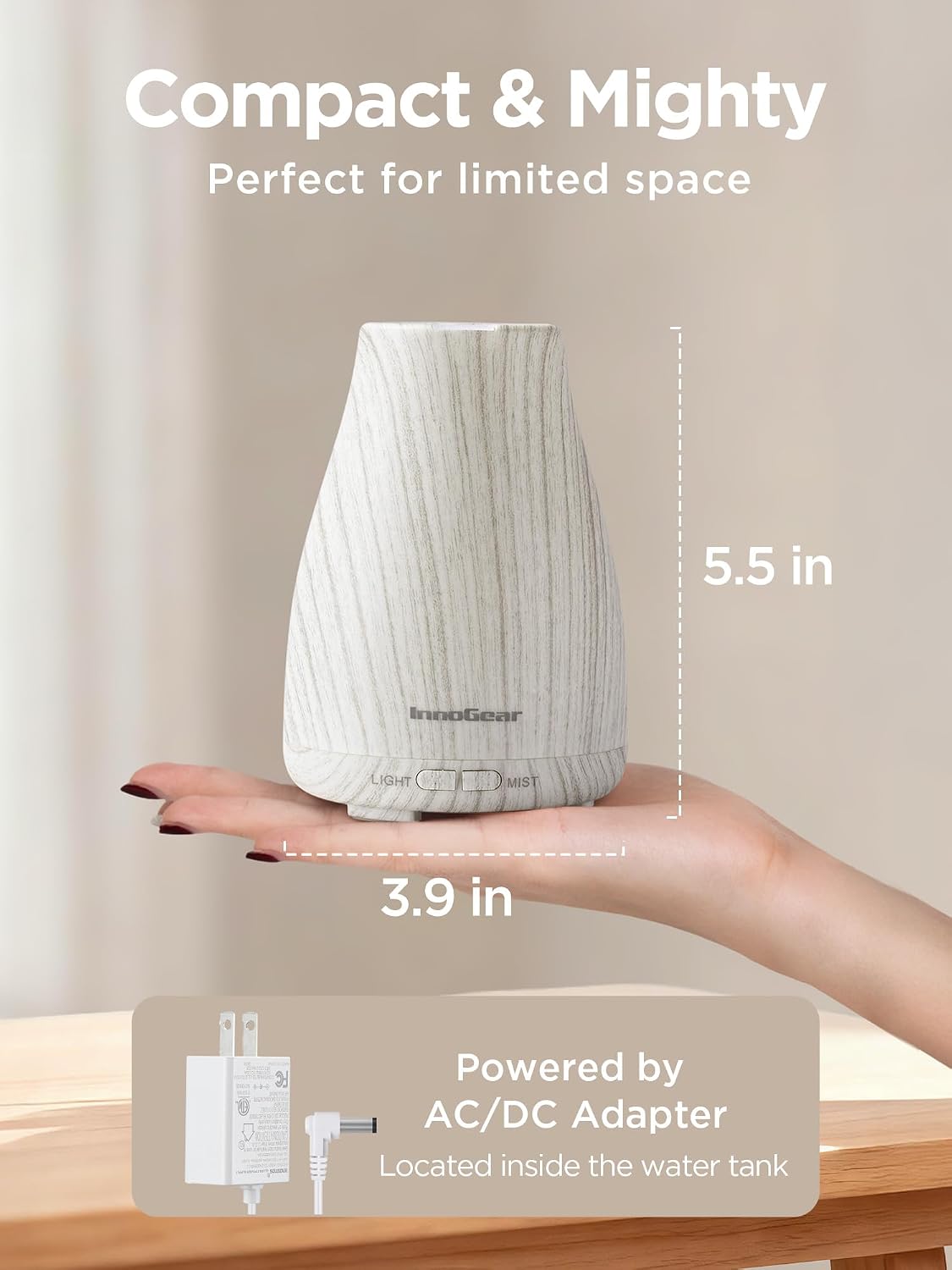 InnoGear Essential Oil Diffuser, Ultrasonic Diffusers for Home Aromatherapy Humidifier for Bedroom Room 7 Colors LED 2 Mist Mode Auto Off, Basic White