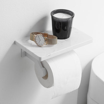 Hoimpro Toilet Paper Holder Wall Mounted, Marble Tissue Roll Rack | Brushed Gold | White Natural Marble Shelf Hand Paper Roll Holder, for Bathroom Kitchen Washroom Bedroom Aluminum