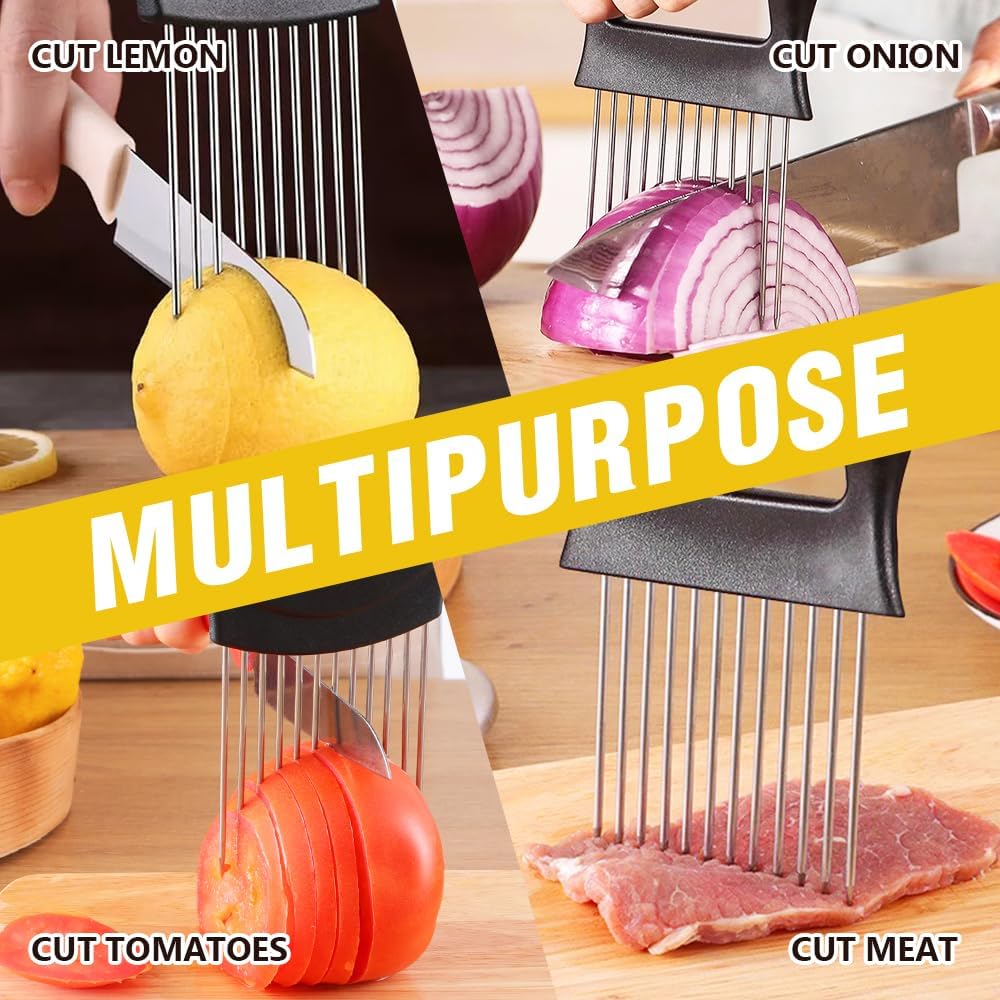 2026 New Stainless Steel Onion Slicer Holder, Onion Holder for Slicing, Lemon Slicer Vegetable Cutter, Chopper Slicing Assistant Tool for Meat, Onion, Potato, Tomato Home Kitchen Tools (Black-A)