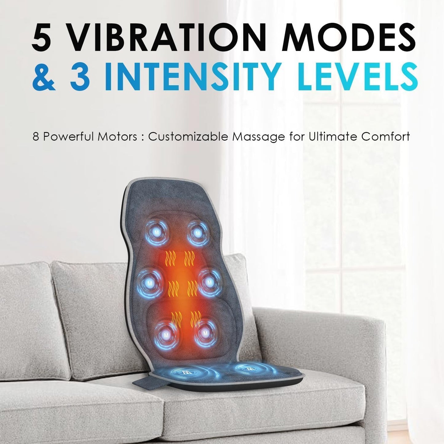 Back Massager with Soft Plush Fabric Cover, Massage Seat Cushion with 8 Vibration Motors & 2 Heating Levels, Chair Massager for Recliner, Office Chair, Sofa Use