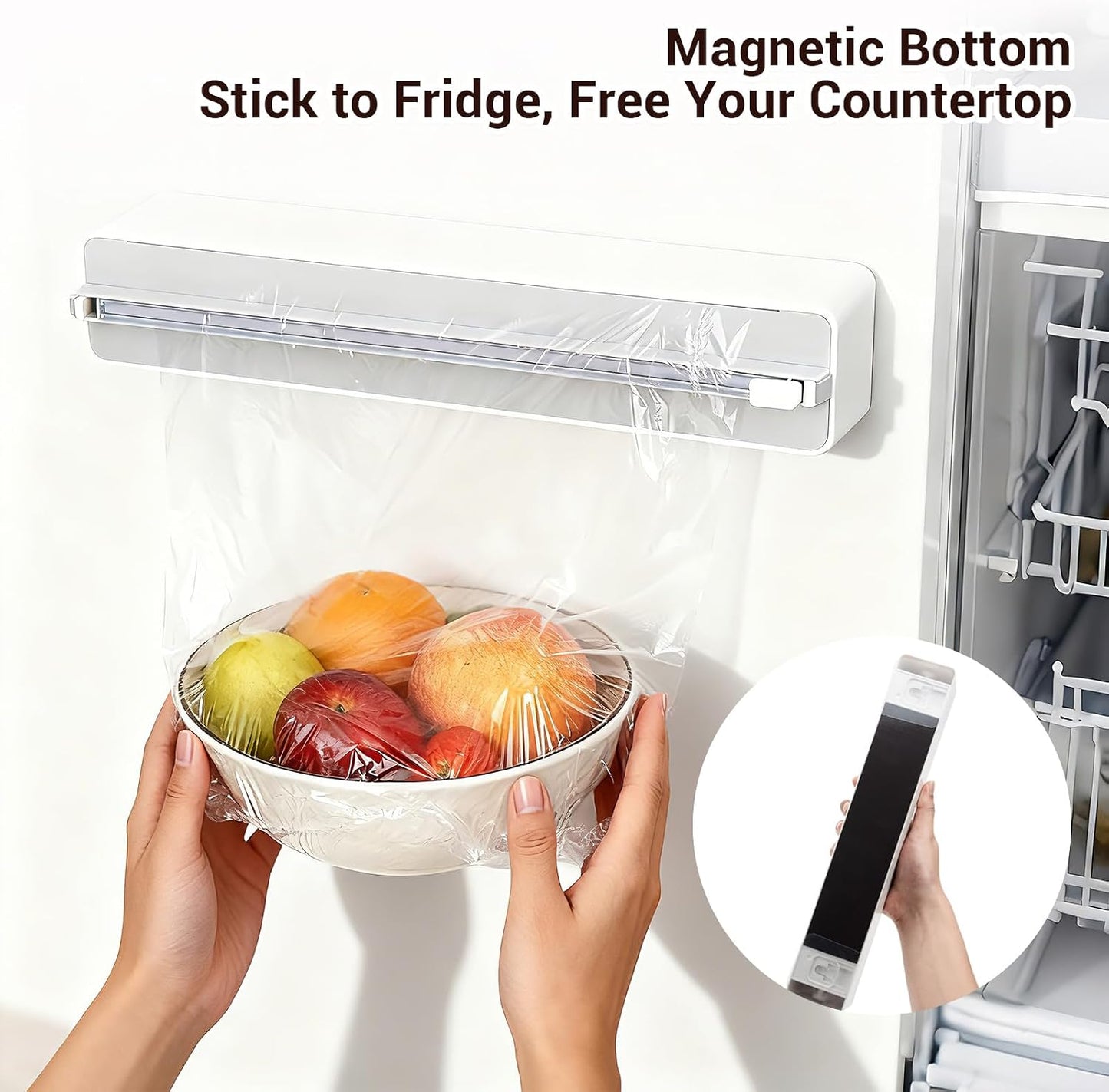 Plastic Wrap Dispenser with Cutter - Magnetic Plastic Wrap Dispenser for Kitchen & Home, Refillable Food Cling Wrap Holder, Easy to Attach to Refrigerator, Fits 12" Rolls, Smooth Cutting Design