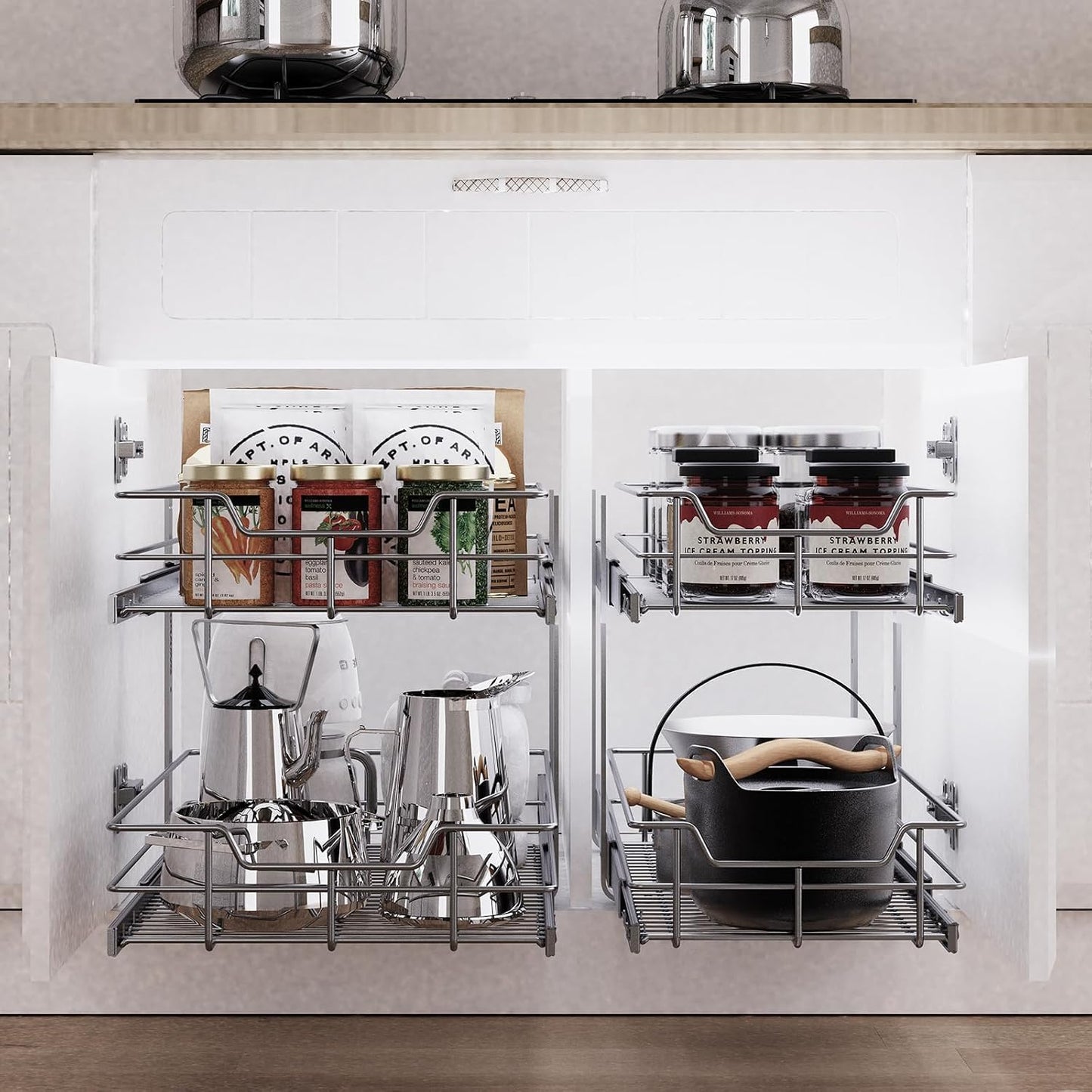 Pull Out Cabinet Organizer 15" W X 22" D, Chromed, Full Slide Out Drawers | For Kitchen Organizers and Storage, Pull Out Drawers For Cabinets Capacity Heavy Duty Caddy, Cabinet Shelves, Bathroom Pantry