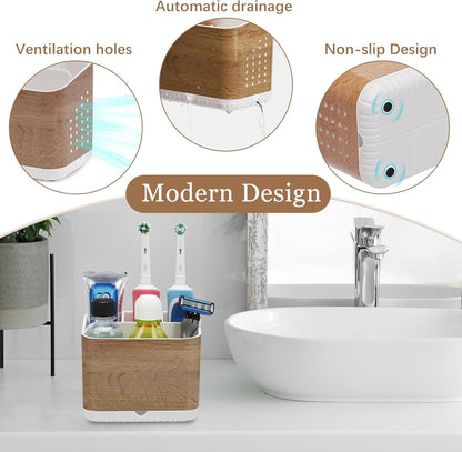 Bathroom Toothbrush Holders, Toothbrush and Toothpaste Holder (Wood Grain) | Easy To Clean, Drainage, Removable, Non-Slip, 4 Slots Tooth Brush Holder for Bathroom Countertop Organizer