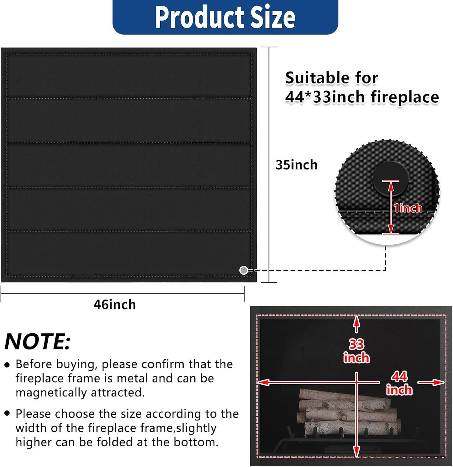 36"x24" Fireplace Cover, Magnetic Fireplace Blocker Blanket Stop Heat Loss | Indoor Fireplace Draft Stopper Save Energy, Magnetic Fireplace Draft Cover for Iron Fireplace Frame