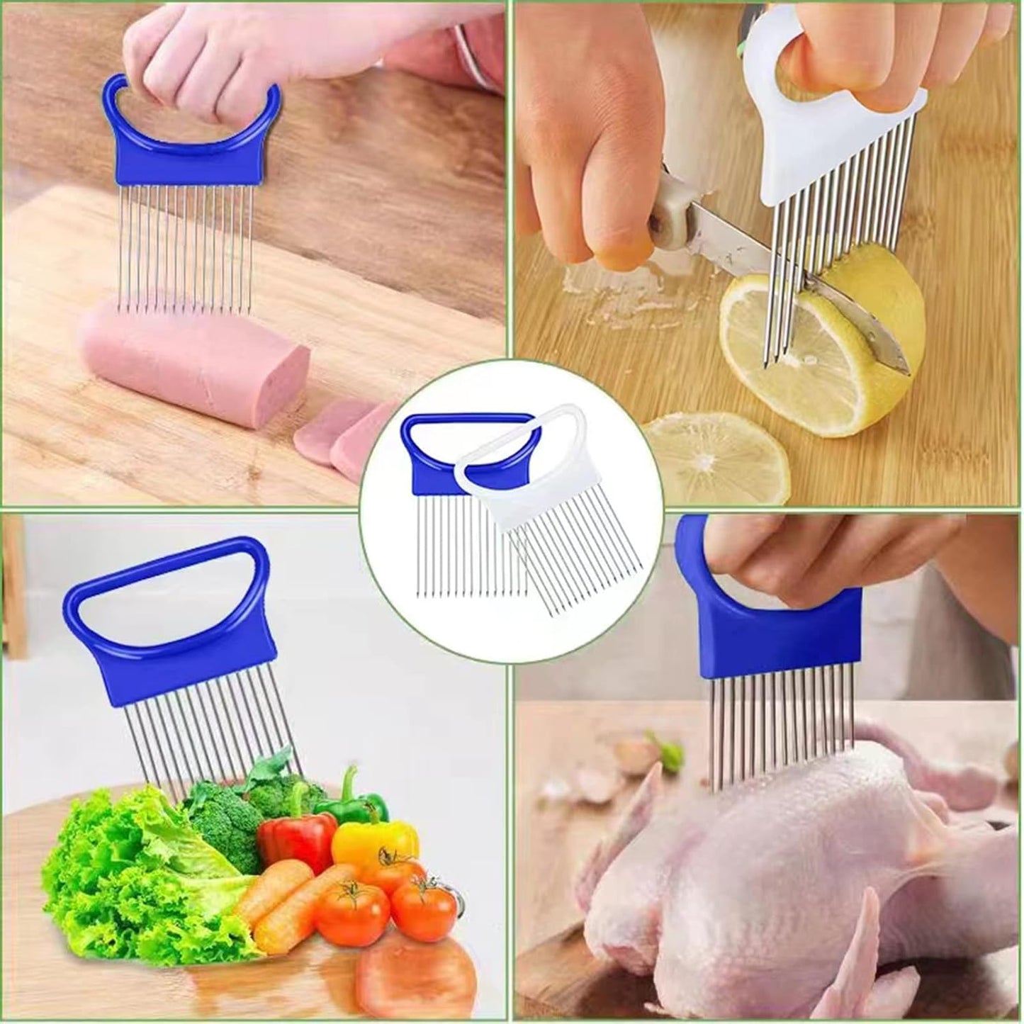 2Pcs Ruooson Onion Holder for Slicing, Stainless Steel Prongs Kitchen Slicer, Lemon Potato Cucumber Vegetable Cutter Comb,Meat Tenderizer,(white and blue).