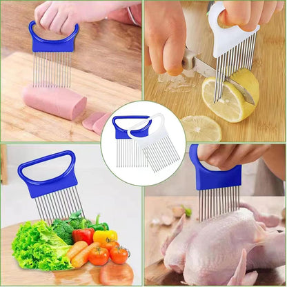 2Pcs Ruooson Onion Holder for Slicing, Stainless Steel Prongs Kitchen Slicer, Lemon Potato Cucumber Vegetable Cutter Comb,Meat Tenderizer,(white and blue).