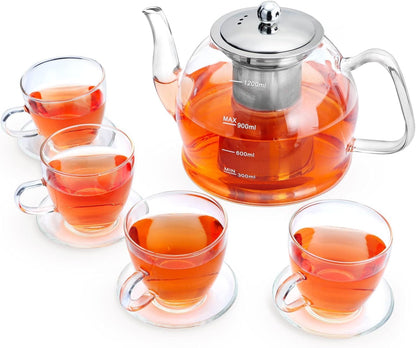 Glass Teapot, 40oz/1200ml Tea Pot with Removable Infuser for Loose Tea | Stovetop Safe Borosilicate Glass Tea Kettle with Strainer and Lid, Hand Crafted Clear Teapot with Scale Line,Tea Brewer Guide