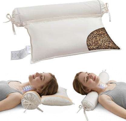 Buckwheat Pillow – 3-Point Head Neck Shoulder Support, Detachable | Fill Shoulder Gap for Pain-Free For Side&Back Sleepers, Adjustable Buckwheat Pillow for Sleeping, Extra Organic Pillowcases