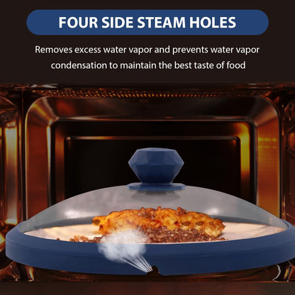Microwave Glass Cover Splatter Guard Lid with Anti-scald Silicone Handles and Vented Edge for Food Pot Plate Cover 10.5 inch Blue
