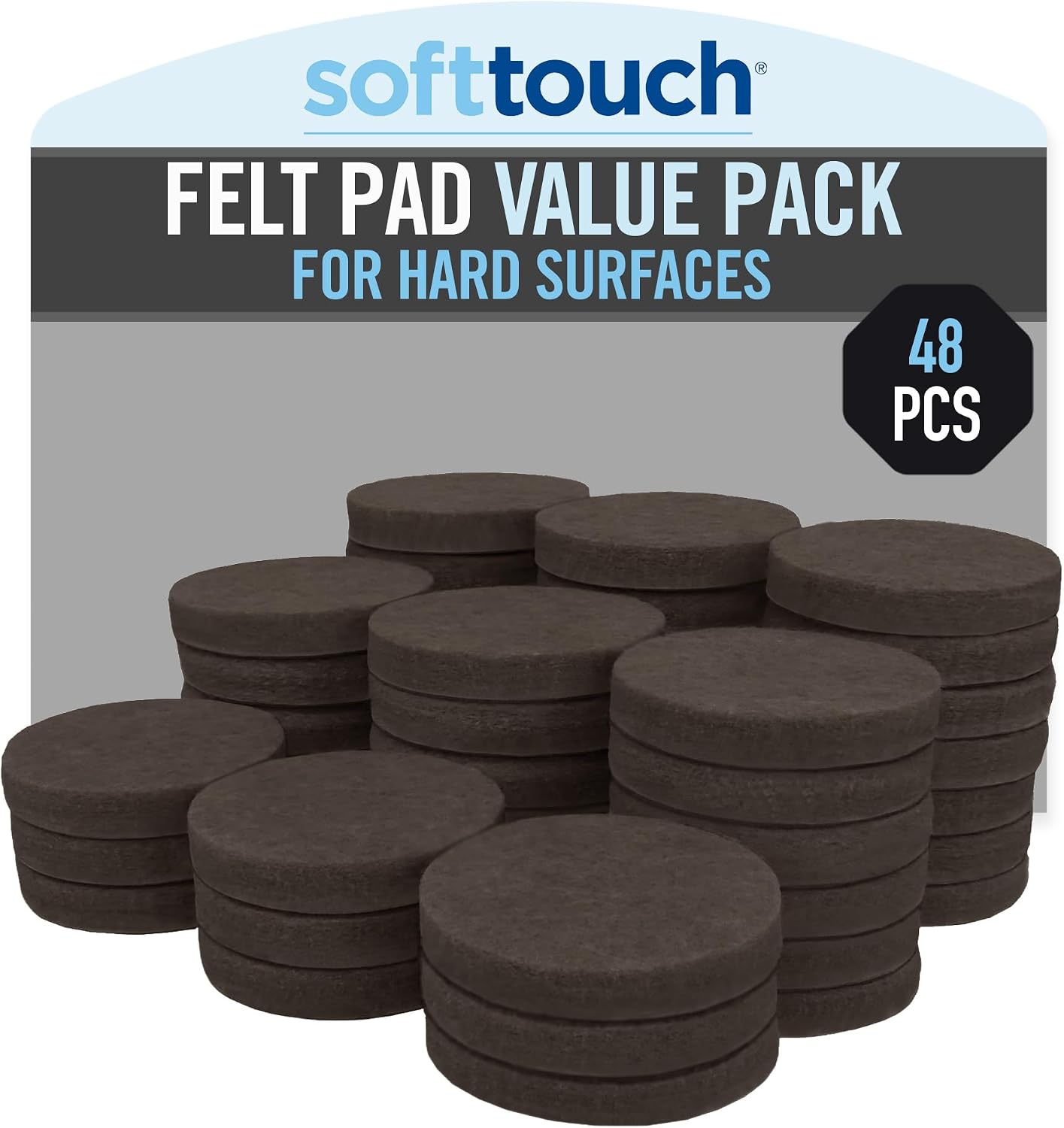 SoftTouch Assorted Size Round Mini Self-Stick Furniture Slider Felt Pads for Hard Surfaces, Noise-Reducing Adhesive Furniture Moving Pads for Beds, Sofas, Dressers, 46-Count, Brown