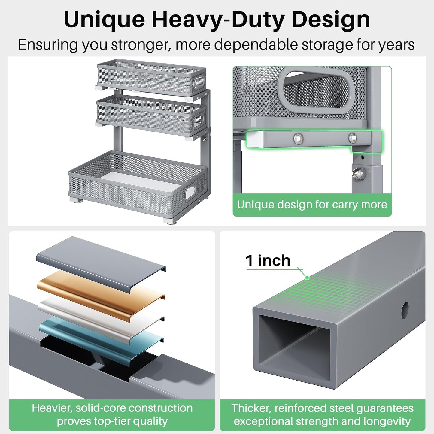 Kitstorack Under Sink Organizer, 2-Pack 3-Tier Height Adjustable Thickened Metal Pull out Cabinet Organizer Shelf, Slide out Storage Drawer Rack for Bathroom Kitchen Pantry Home Laundry Organization